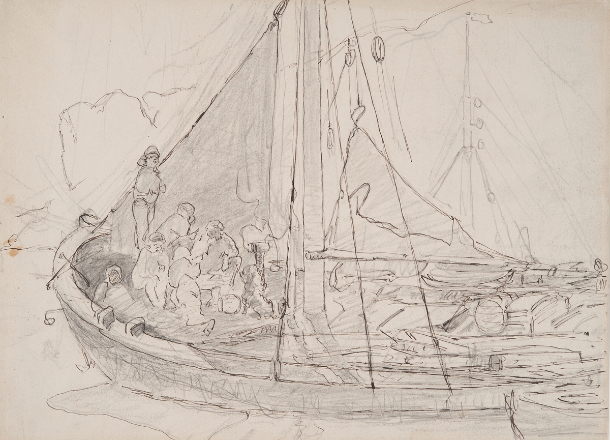 Framsida; Fiskebåtar, den närmast liggande har stagfocken halvt hissad och på backen sitter eller står några män och en hund. 

Frånsida: Hälsingborgs “ Kärna” före restaureringen, på krönet en flaggstång med hissad flagg.