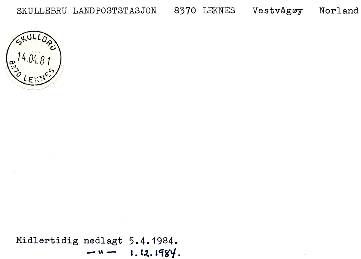 Stempelkatalog  Skullebru 8370 Leknes, Vestvågøy kommune, Nordland