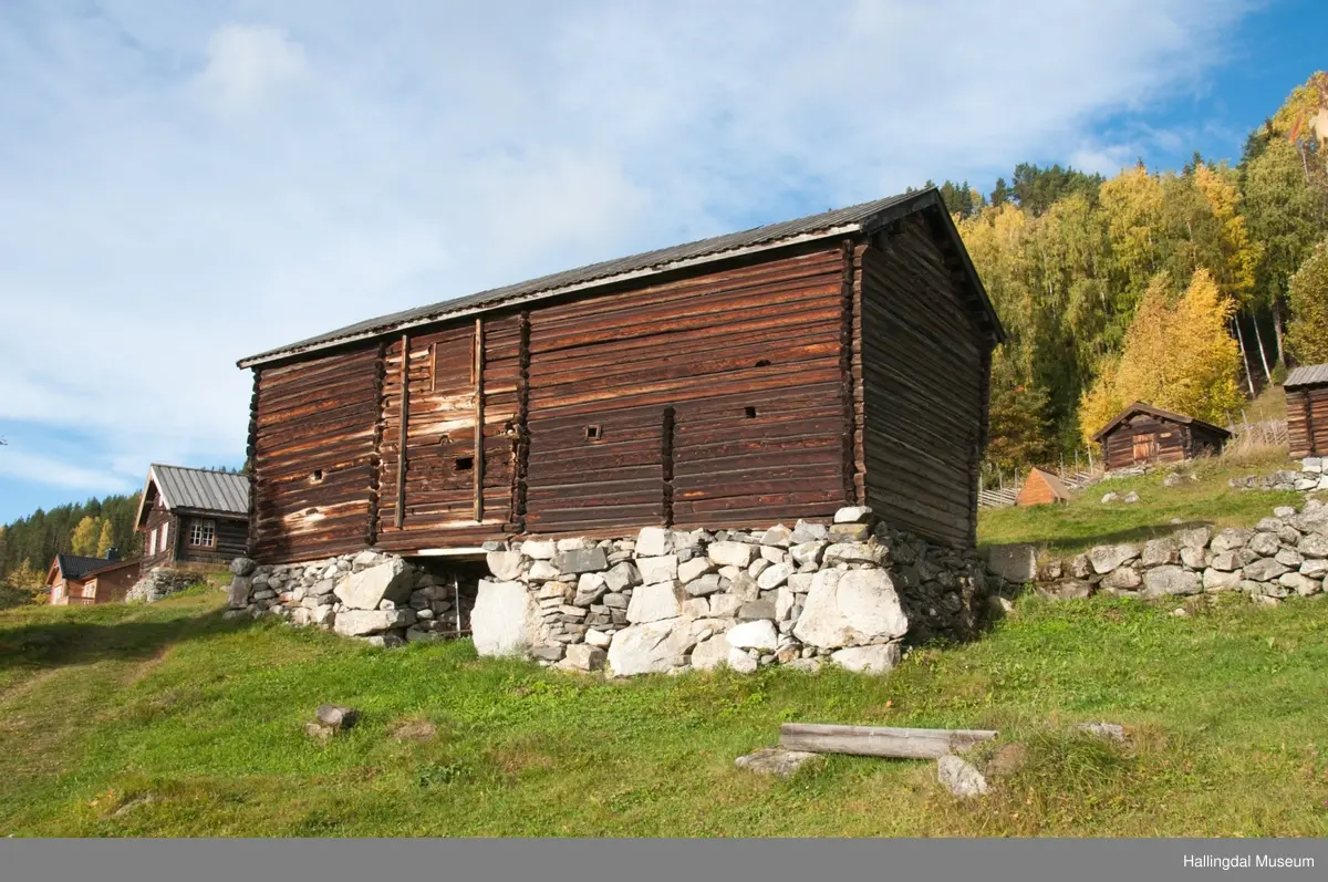Dette er en stall med trev.  Den er sammensatt av flere tømmerhus som trolig er bygd en gang mellom 1825 og 1850 her på Skaga.  Annen etasje er utkraget og den har bordtak.