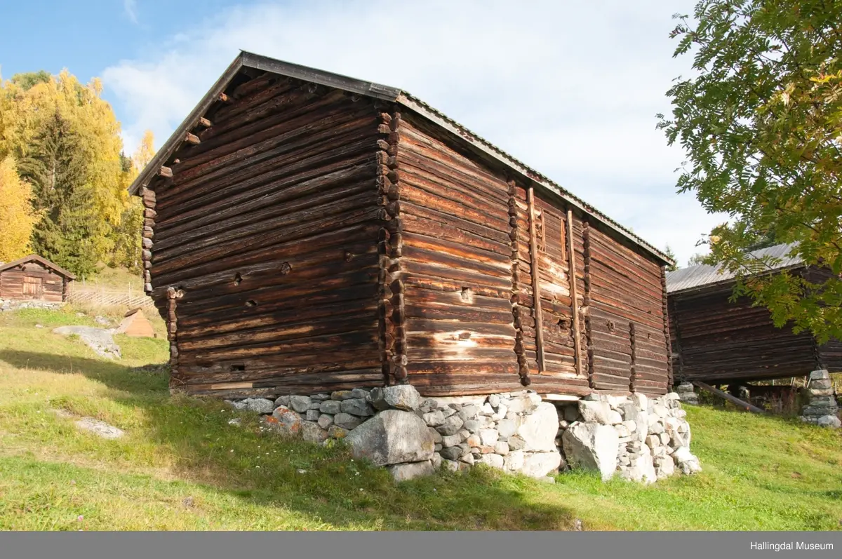 Dette er en stall med trev.  Den er sammensatt av flere tømmerhus som trolig er bygd en gang mellom 1825 og 1850 her på Skaga.  Annen etasje er utkraget og den har bordtak.