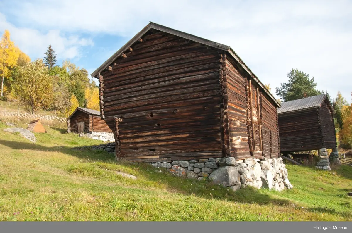 Dette er en stall med trev.  Den er sammensatt av flere tømmerhus som trolig er bygd en gang mellom 1825 og 1850 her på Skaga.  Annen etasje er utkraget og den har bordtak.