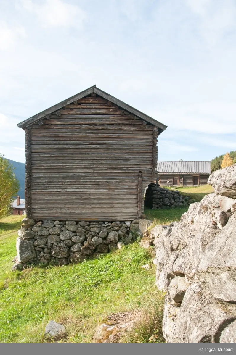 Dette er en stall med trev.  Den er sammensatt av flere tømmerhus som trolig er bygd en gang mellom 1825 og 1850 her på Skaga.  Annen etasje er utkraget og den har bordtak.
