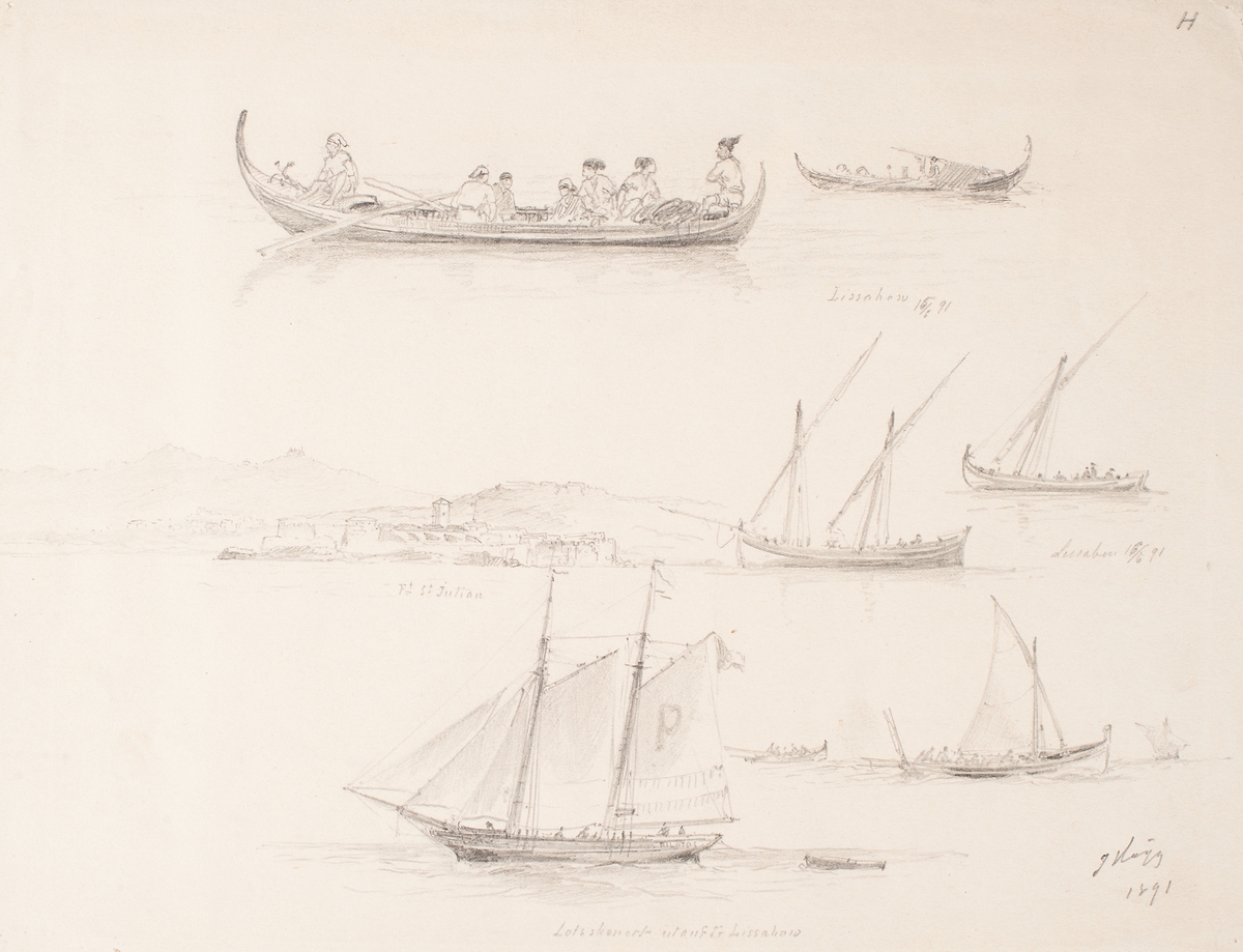 Fort St Julian, 5 st fiskebåtar, en lotsskonert  utanför Lissabon. Lissabon d 15-16/6 1891