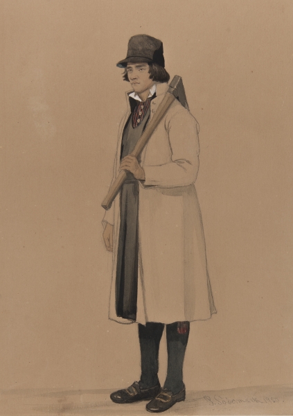 "Dalarna, Nås sn" Man  i vit rock med yxa. Akvarell P. Södermark 1850.