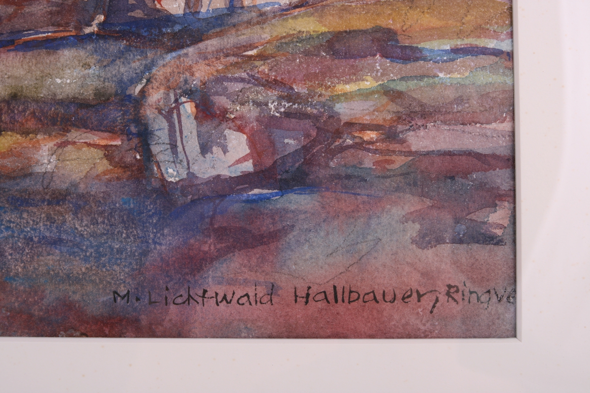 Maleriet viser det tidligerer Tordenskjoldmuseet på Ringve på sørsiden av Direktørboligen.
I dag kalles denne bygningen Snekkeriet.