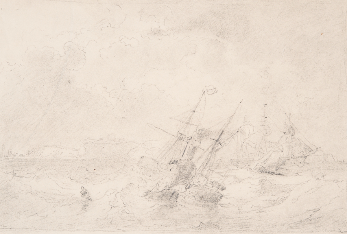 “Ett ångfartyg angörande Dover”.

På baksidan skiss till flera byggnader.