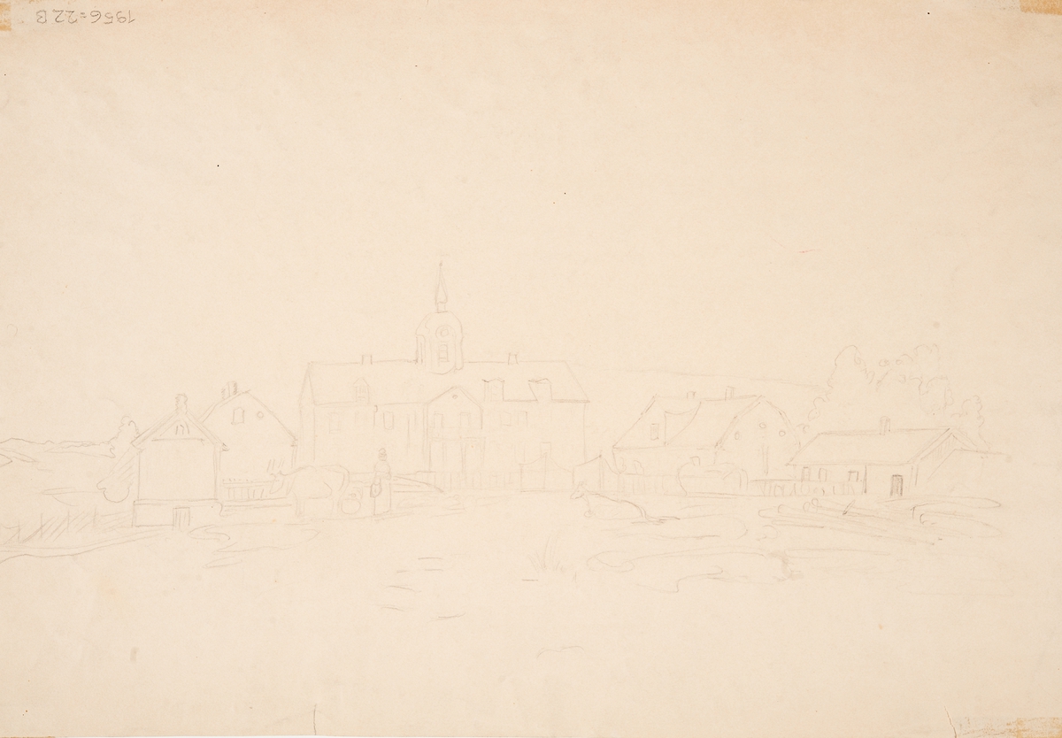 “Ett ångfartyg angörande Dover”.

På baksidan skiss till flera byggnader.