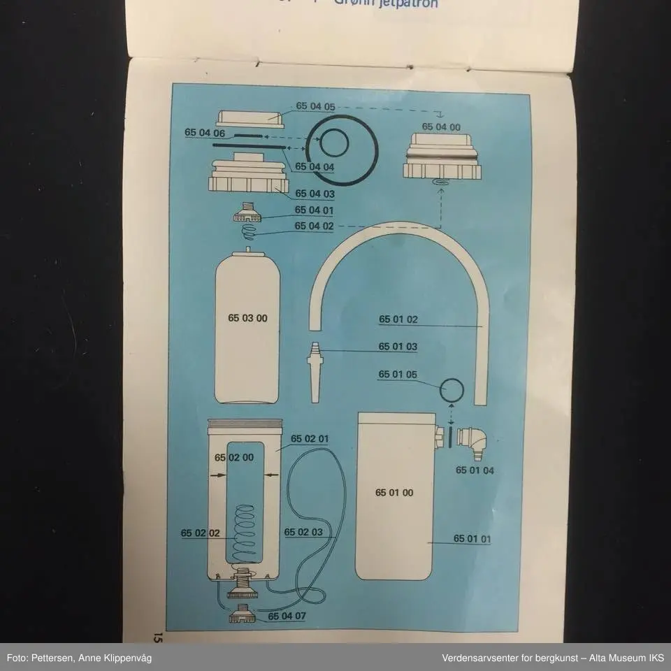 A. Sylinderformet plastapparat med tilfestet gummislange og gjennomsiktig plasttut.  Inneholder en driftspatron fylt med ufarlig gass.
B Rektangulært hefte, bruksanvisning.