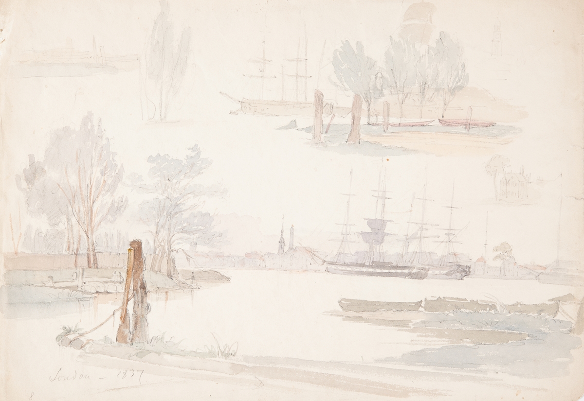 Framsida: Segelfartyg vid flod, samt mindre båtar, i bakgrunden stad. 

Baksida: Skiss till landskap (i hörnet upp och ner daterat till 1854)