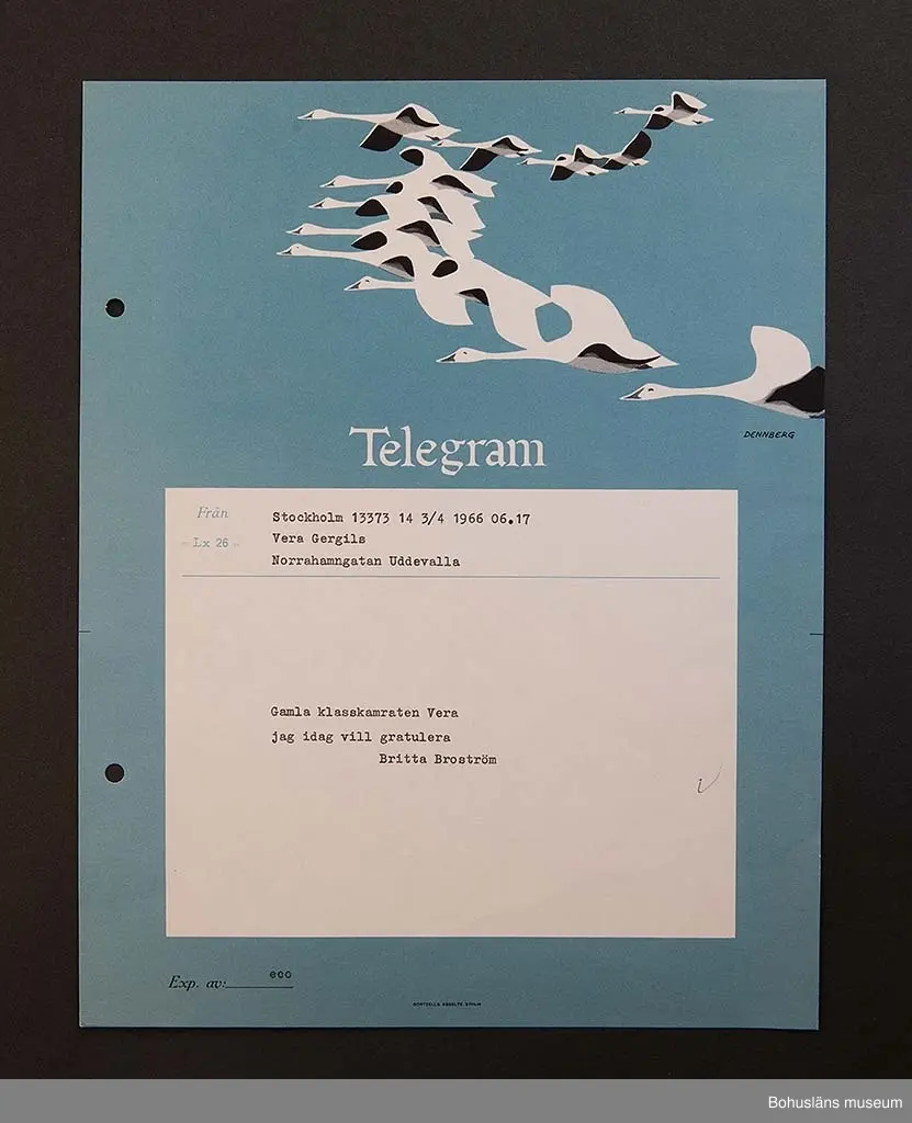 Födelsedagstelegram på papper i flerfärgstryck med maskinskriven text till adressaten. Jubilaren är Vera Gergils, 50 år 1966.