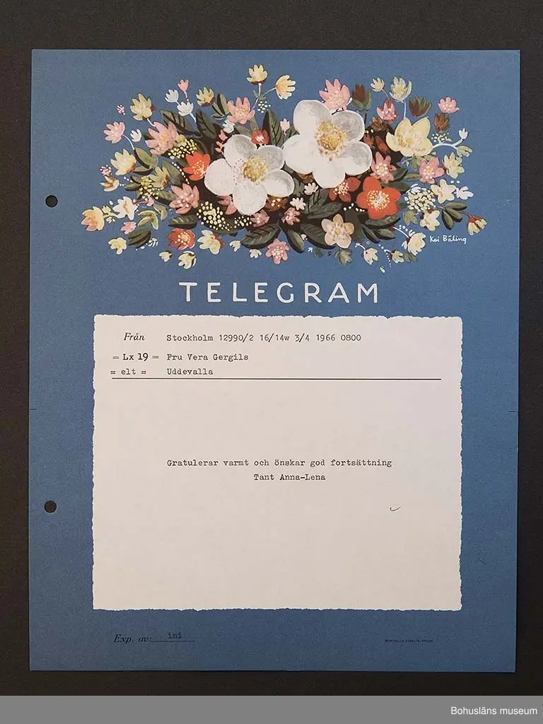 Födelsedagstelegram på papper i flerfärgstryck med maskinskriven text till adressaten. Jubilaren är Vera Gergils, 50 år 1966.