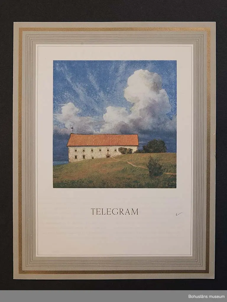 Födelsedagstelegram på papper i flerfärgstryck med maskinskriven text till adressaten. Jubilaren är Vera Gergils, 50 år 1966.