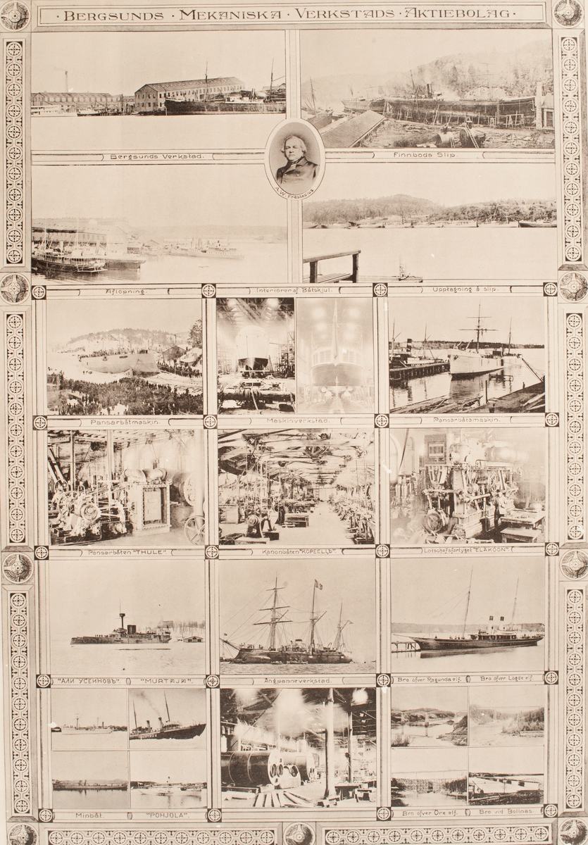 Bergsunds mekaniska verkstads aktiebolag. Fotocollage med bilder från varvet, Finnboda slip, interiör av verkstäder, fartyg med mera.
Porträtt av ägaren Anton Wilhelm Frestadius.