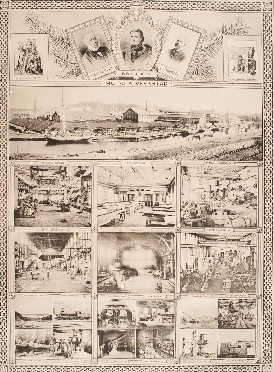 Motala verkstad
Fotocollage med porträtt av Baltzar von Platen, O E Carlsund och C. Ångström samt motiv från varvet, t ex ritkontoret, interiörer från verkstäder med mera.