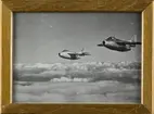 Två stycken provflygplan Saab 29 Tunnan i roteflygning. Inramat foto.