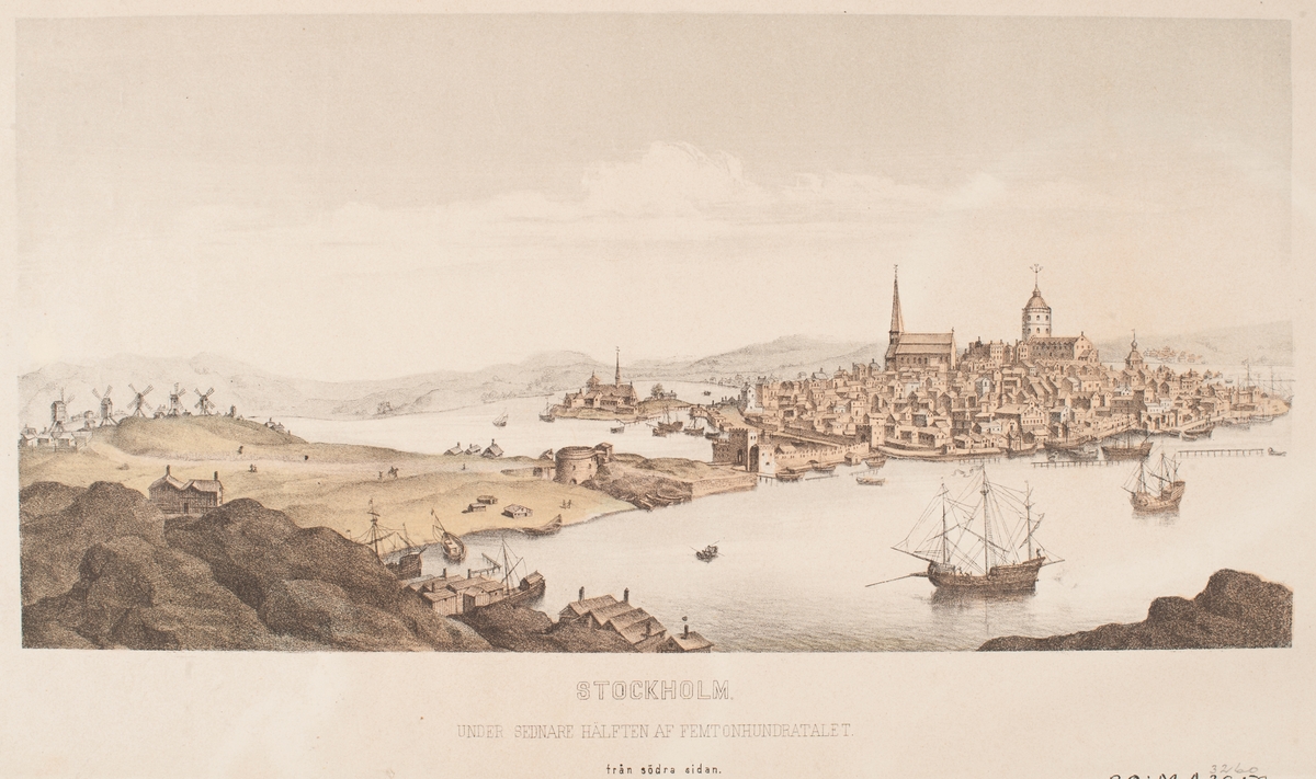 "Stockholm under senare hälften av femtonhundratalet, från söder sidan." Sentida rekonstruktion.