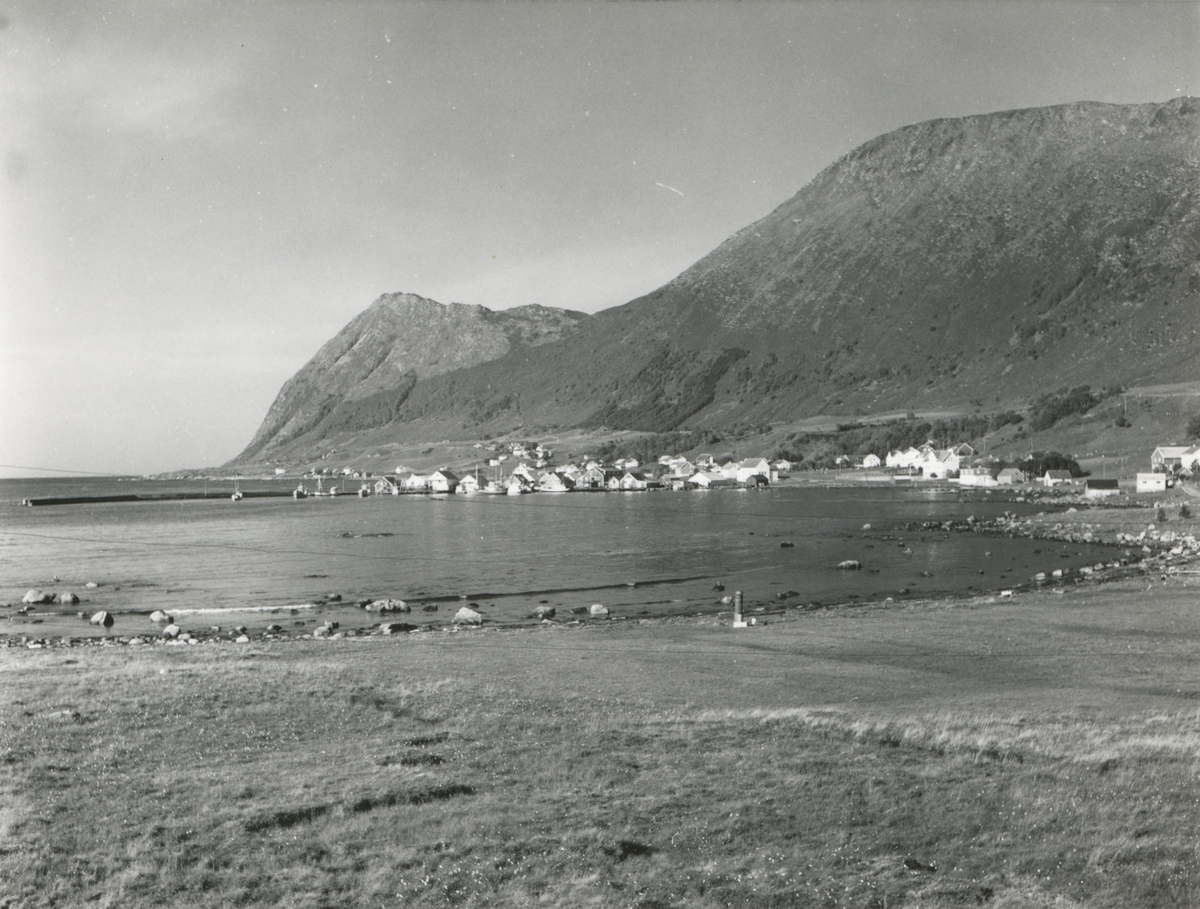 Prospektfotografi i serie fra sør-østsiden av Godøy ved havna. Her ligger Gøygarden, den gården som hadde det største fellestunet i Borgund og Giske.