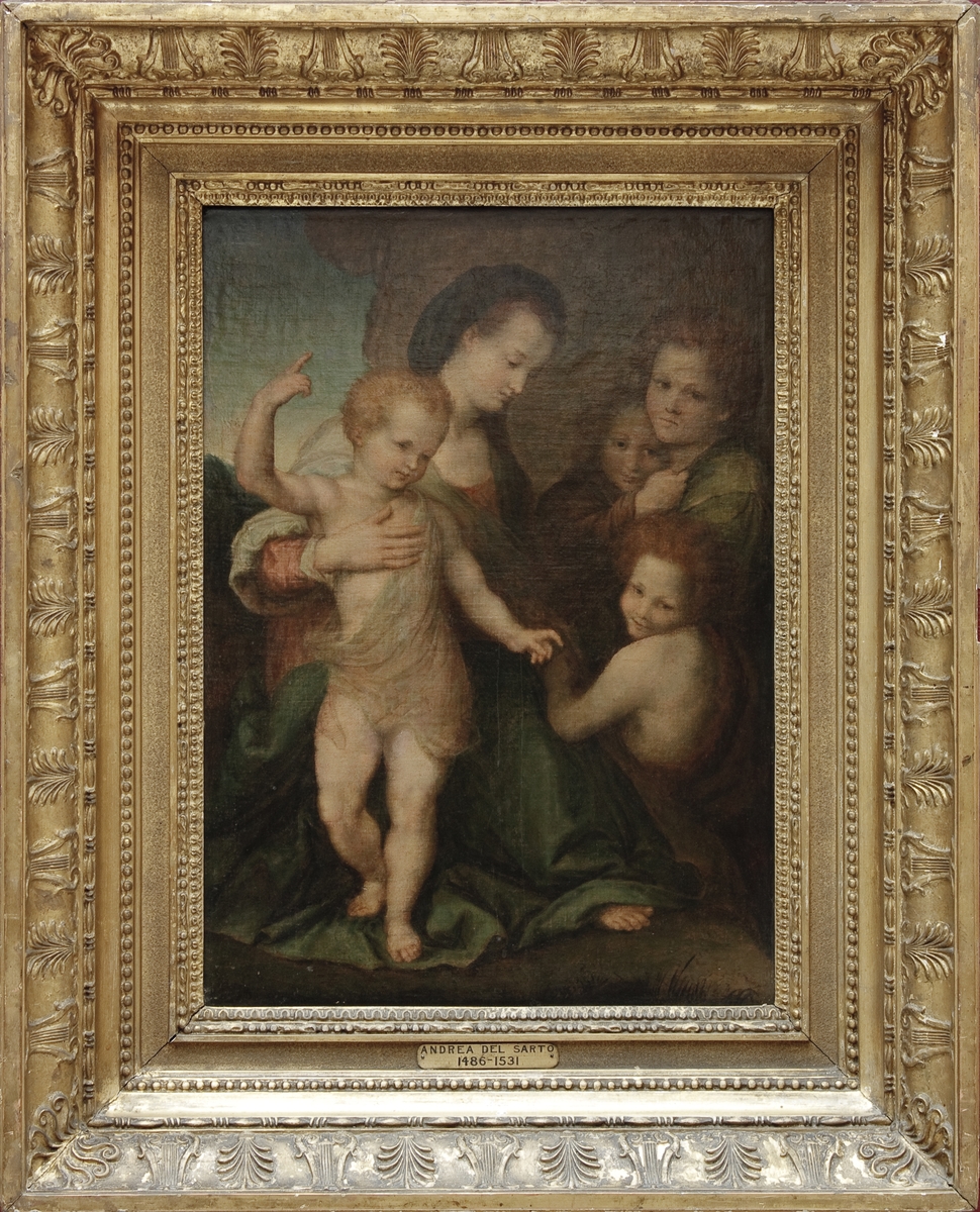 Bildet er en speilvendt gjentakelse av "Maria og Jesusbarnet med Johannes Døperen og to engler" av Andrea del Sarto. Maleriet av Sarto kjennes i flere varianter, bl.a. i Wallece Collection, London