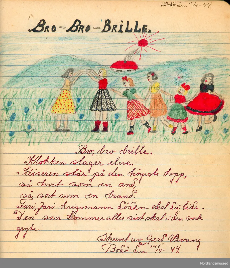 "Bro-bro-brille". Ur Gerd Vevangs "Lekesanger". Gerd, f 1930,  tegnede og skrev leker og sanger, gåter mm. 1944-47