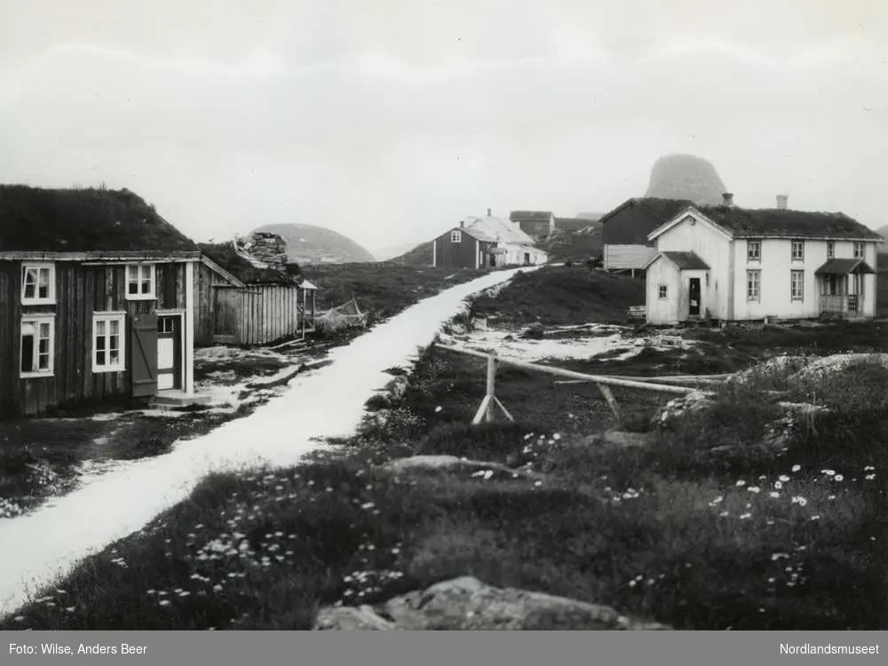 Træna. Noen hus. Trænstaven i bakgrunnen.