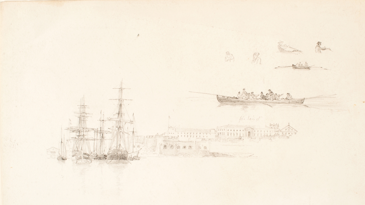 Hamnparti med större segelfartyg jämte fort och byggnader. Bemannade roddbåtar samt folktyper.