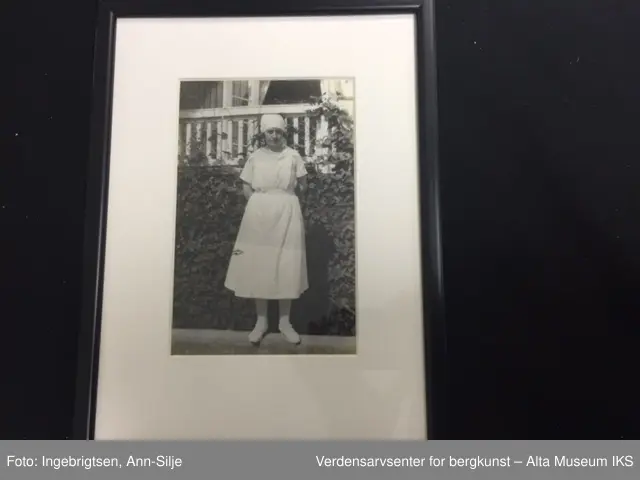 Seks rektangulære rammer med glass. Rundt hvert bilde er det et hvitt paspartoute. Midt på rammens overside er det skrudd fast et rundt oppheng. 
Bilde A: En sykepleier i uniform.
Bilde  B: To sykepleiere i uniform.
Bilde C: En gruppe mennesker som ligger i gress.
Bilde D: En gruppe damer og barn som sitter i gress.
Bilde E: En gruppe ansatte utenfor bygningen.
Bilde F: Oversiktsbilde av Jansnes.