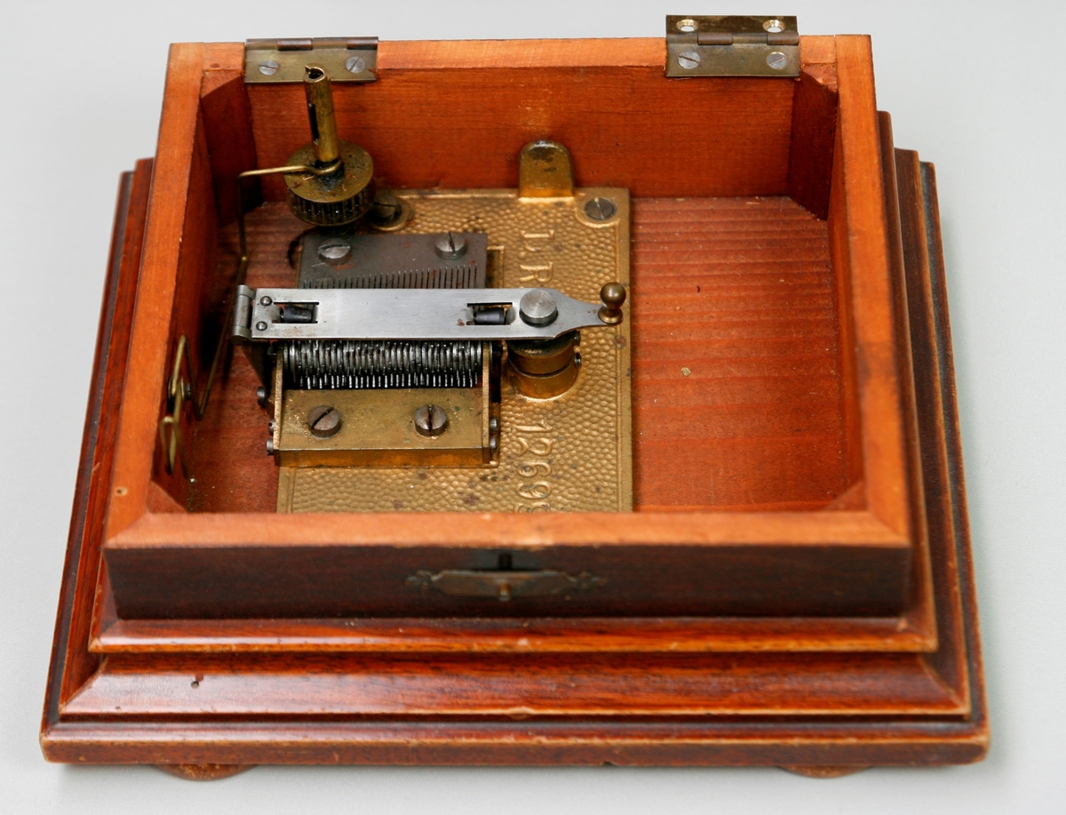 Urverk med spilledåse. 30 toner. 11,5 cm-metallplater.

Bordur med spilledåse som utløses ved programmert alarmtime. Spilledåsen har stålkam. En plate, med pigger på undersiden, er programmert med en melodi og kan skiftes ut.

Korpus
Kasse av nøttetre. Selve urkassen med ur-, slag- og spilleverk er montert på en sokkel som inneholder en liten platespilledåse. Denne utløses en gang /12 timer. Alarmen stilles ved å skru på en liten tallskive på urverkets bakside.  Det er en dør på baksiden av kassen.

Toner.
30 toner på en stål-kam, montert sammen med rekke med stjernehjul på en bunnplate av messing. Flat låsarm over halve metallplaten.

Tonerekkefølge og posisjon.
Bass-toner medial - diskanttoner distal, fra sentrum betraktet .

Avstand mellom 10 spor: 13,1 (mm, ca)
Avstand sentrumsaksling – første spor:  13,7 mm
Total bredde spor:  38,0 m, ca

Drivsystem.
Liggende perifert tannhjul som griper tak i tenner på enden av platen. Fjær og opptrekksmekanisme i urverket forbundet ved akslinger. Muligens kan hastigheten (på spilledåsen) endres ved en spak på baksiden av urverket. Sentrumsaksel (Ø=8,0) kun støtte, driver ikke plate.

Patent «"L.R.P. 126993"» avser trolig dempingssystemet som sitter festet rett på akslingene for stjernehjulene.