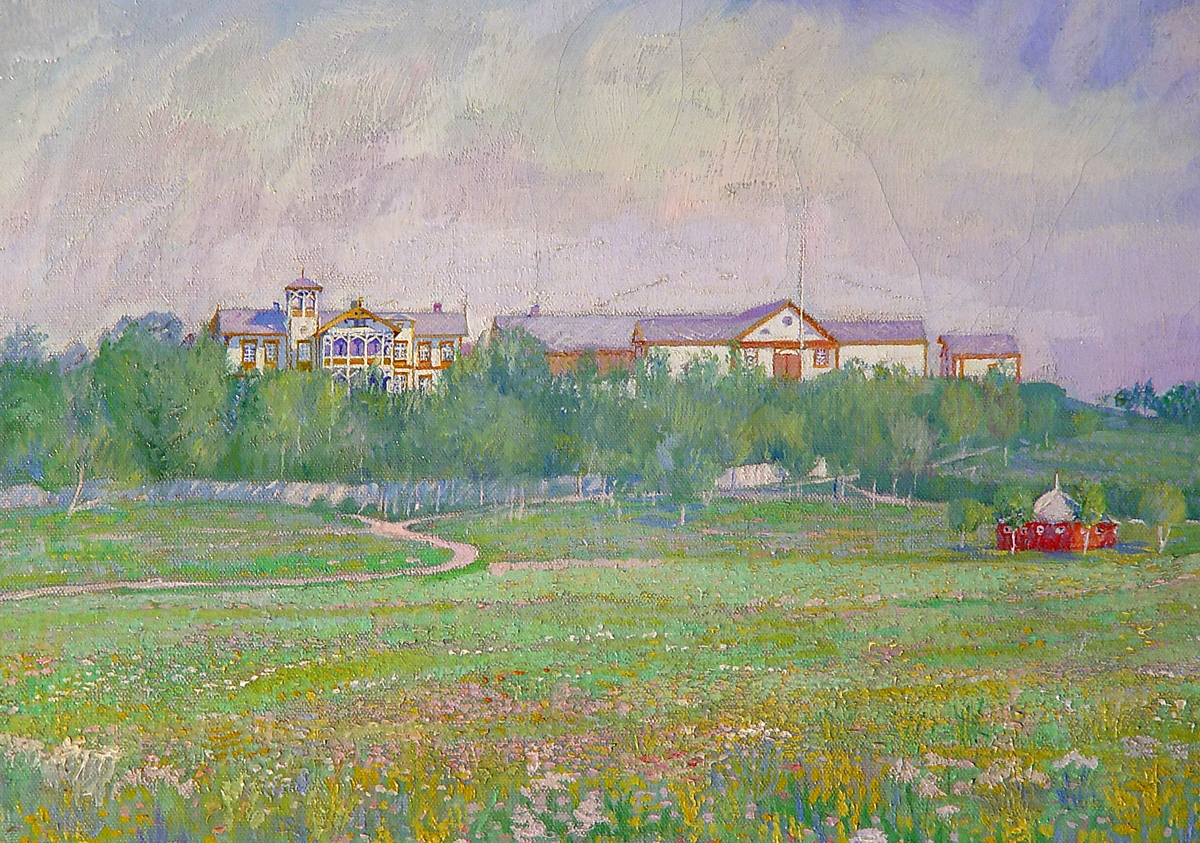 Forestiller Ringve Gård, sett fra Ladesletta. Blomstereng i forgrunnen.