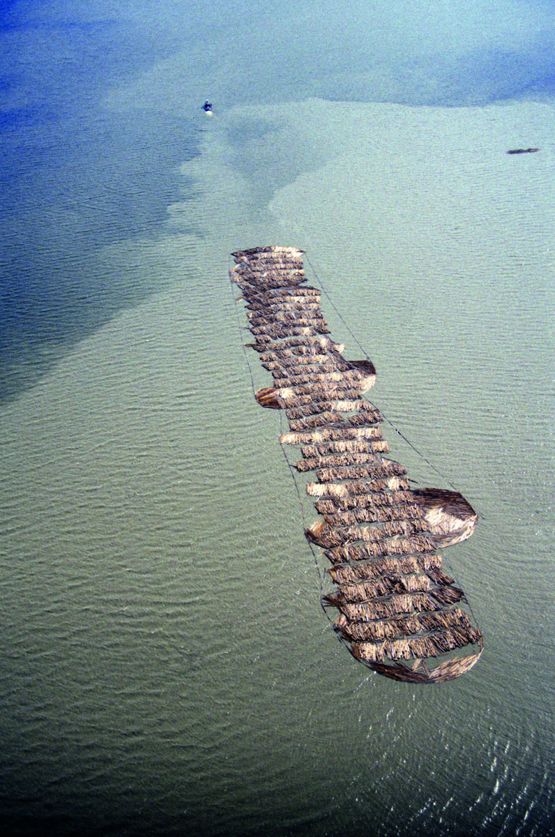 Flyfoto av båt med tømmerslep.