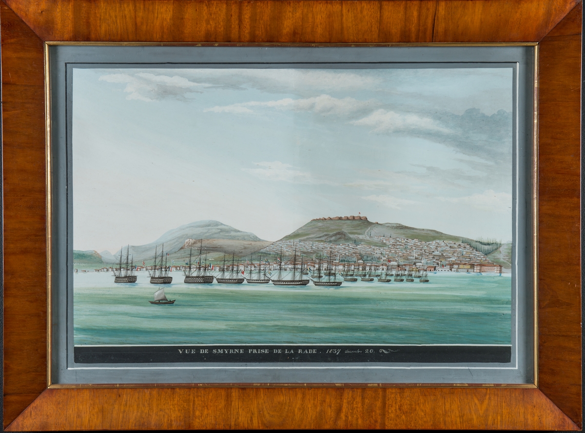 Smyrnas redd. Bland fartygen återfinns tre svenska, möjligen fregatten Josephine samt korvetterna Najaden och Örn (norsk). Flottparad på Smyrnas redd 1837.