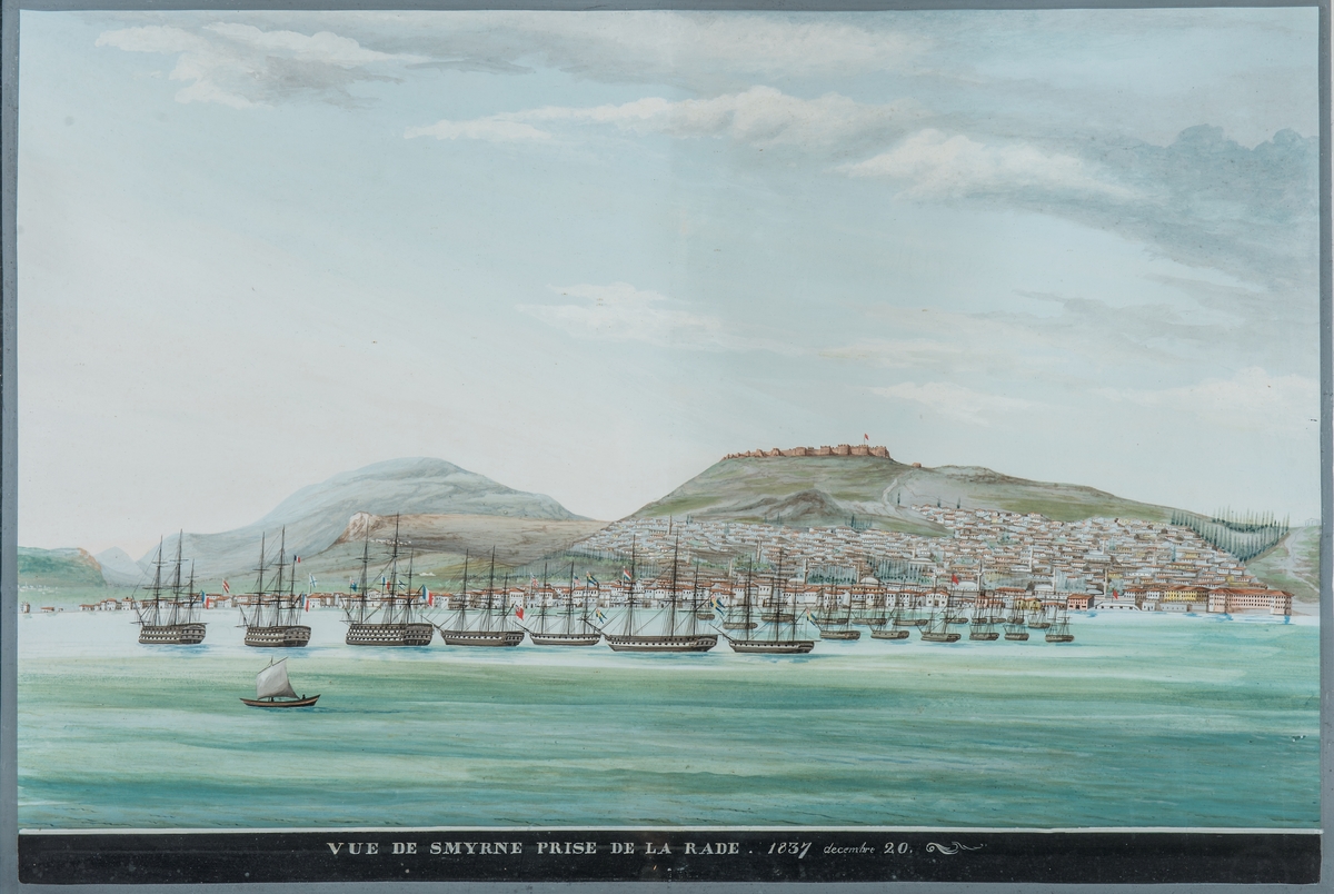 Smyrnas redd. Bland fartygen återfinns tre svenska, möjligen fregatten Josephine samt korvetterna Najaden och Örn (norsk). Flottparad på Smyrnas redd 1837.