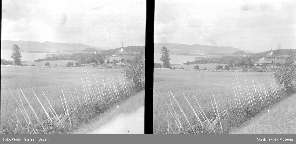 Stereoskop Ringsaker: panorama med kirke