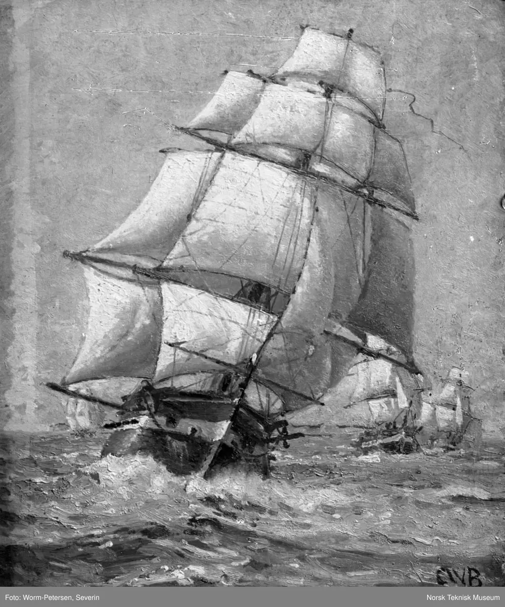 Marinemaleri, seilskute, malt av Carl Wilhelm Barth. Fra pakke merket "Norsk Malerkunst Barth"