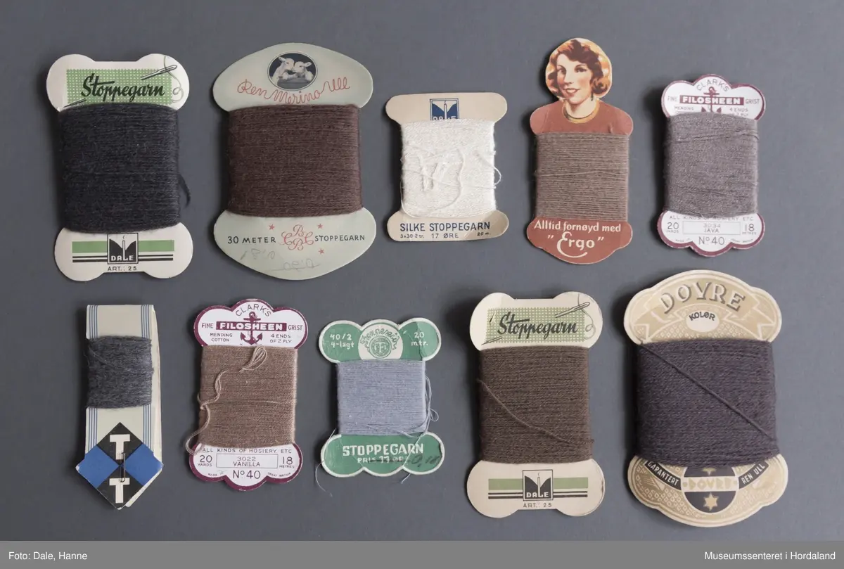 10 hesplar med stoppegarn av ulike produsentar.