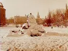 Centralparken, statyerna Befriaren och Karl den XIV Johan, snöklädda.