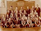 Olaus Petriskolan, klassrumsinteriör, 27 pojkar med lärare G. Aldener, klass 6B, sal 29.