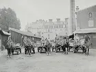 Fem hästar spända för bryggarvagnar.
Norlings Bryggeri Aktiebolag.