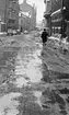 Vårregn, 31 januari 1966

På en gata med byggnader runtomkring kommer en äldre dam gående med paraplyet uppfällt över sig. Bilar står parkerade vid trottoaren till vänster. Det regnar och det ligger snö på marken.