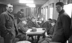 Manöver i Kilsbergen 1 21 februari 1967

En grupp soldater sitter vid bord i en sal i en byggnad i Kilsbergen. Tre stycken står upp. Alla är klädda i militäruniformer. En av de sittande soldaterna röker en cigarrett.