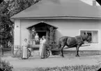 Bostadshus, häst och vagn, fem personer.