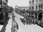 Gymnastikfesten på Drottninggatan.
Stora Hotellet till höger på bilden, Storbron och Centralpalatset i bakgrunden.