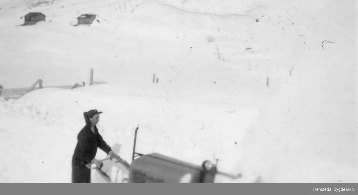 Olav Fekene prøvekøyrer Shillersnøfresaren ved Storeskar, truleg i 1955.