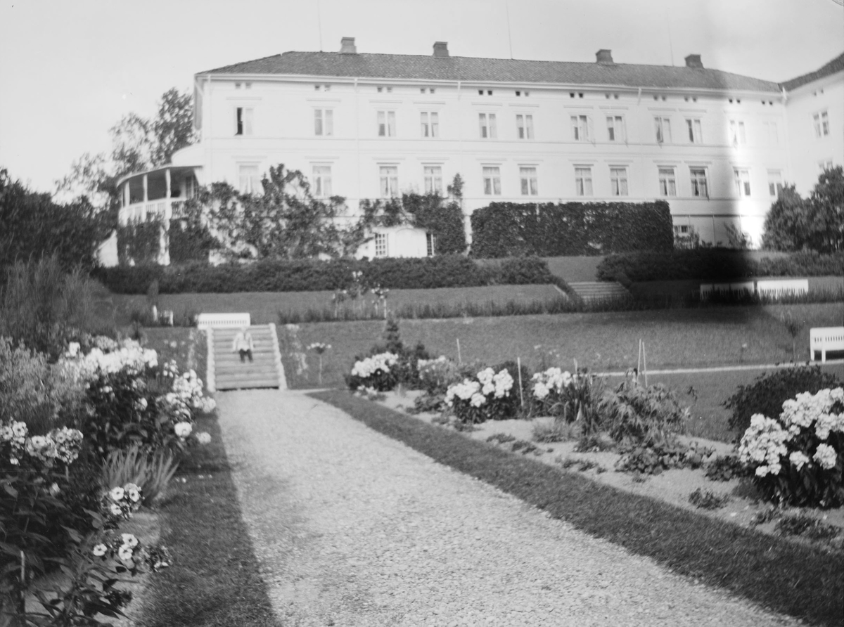 Terrassehagen med trapper, stier og hekker og andre hagevekster på Linderud Gård i blomstringstiden. I bakgrunnen hovedhuset. I trappen sitter det en person.