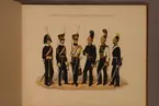Plansch med uniform för Livregementets dragonkår för åren 1806-1845. Plansch i färgtryck efter original av Adolf Ulrik Schützercrantz. Ingår i planschsamlingen Svenska krigsmaktens fordna och närvarande munderingar.