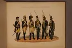 Plansch med uniform för Skånska husarregementet för åren 1765-1849. Plansch i färgtryck efter original av Adolf Ulrik Schützercrantz. Ingår i planschsamlingen Svenska krigsmaktens fordna och närvarande munderingar.