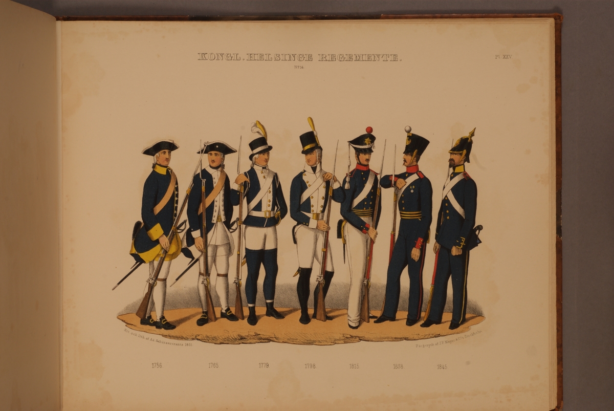 Plansch med uniform för Hälsinge regemente för åren 1756-1845. Plansch i färgtryck efter original av Adolf Ulrik Schützercrantz. Ingår i planschsamlingen Svenska krigsmaktens fordna och närvarande munderingar.