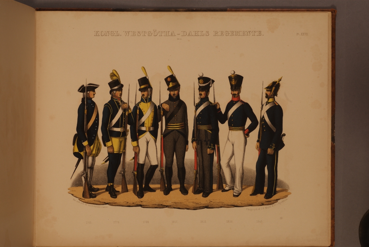 Plansch med uniform för Västagöta-Dals regemente för åren 1765-1845. Plansch i färgtryck efter original av Adolf Ulrik Schützercrantz. Ingår i planschsamlingen Svenska krigsmaktens fordna och närvarande munderingar.