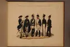 Plansch med uniform för Norrbottens och Västerbottens fältjägarkår för åren 1765-1845. Plansch i färgtryck efter original av Adolf Ulrik Schützercrantz. Ingår i planschsamlingen Svenska krigsmaktens fordna och närvarande munderingar.