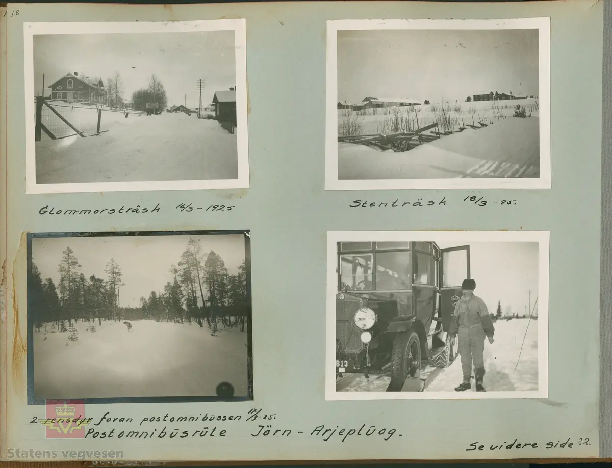 Album fra 1918-1934, "Snebrøyting." I følge merking på bildet: Postomnibusrute Jörn - Arjeplog. 18.03.1925." Buss med Scania Vabis sitt emblem i fronten-trolig bygget på et chassis fra Scania. Belteutstyr.
Postomnibuss ble brukt til både post-og persontransport, omnibuss var et kollektivt transporttilbud. Ordet omnibuss var i bruk fram til 1930-tallet.