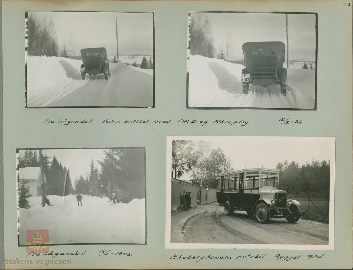 Album fra 1918-1934, "Snebrøyting." I følge merking: "Fra Lågendal 16.02.1926.  Veien brøytet med FWD og Akreplog."  Bilen er en Chandler 1923 eller 1924 modell med kjennemerke F-2183.  I 1925 var den eid av Chauffør Eskild Stordalen som også hadde den i 1928 og i 1930. Lågendalen er nedre del av dalføret som følger Numedalslågen i Vestfold og Buskerud.